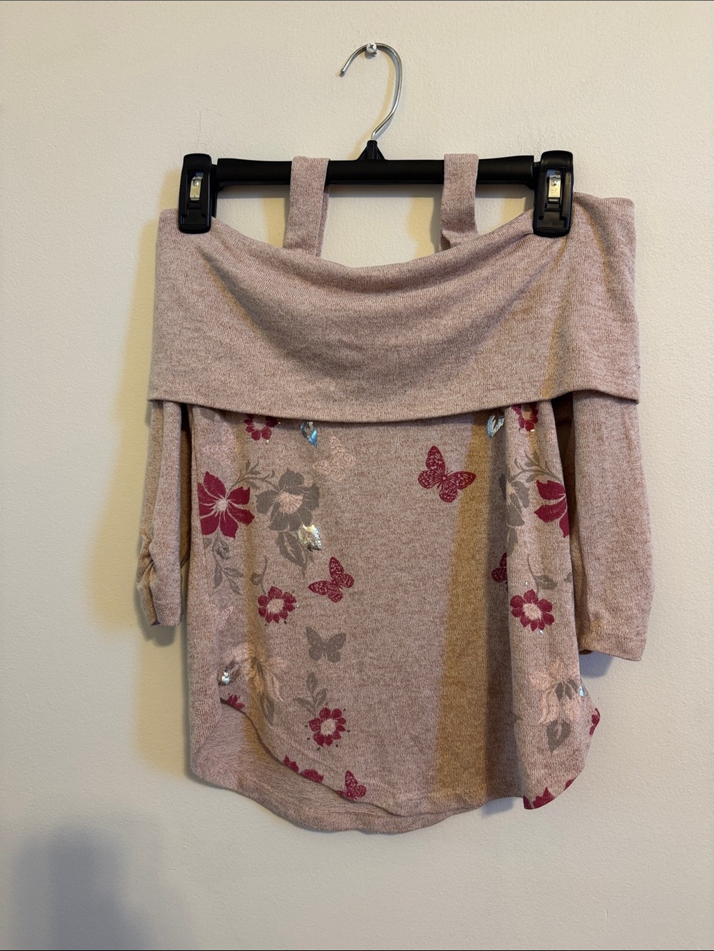 Self Esteem Pink Off-Shoulder Floral & Butterfly Top